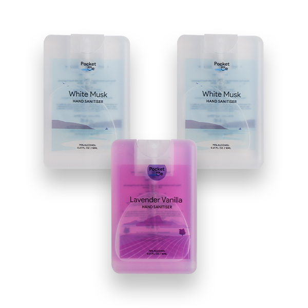 Pocket Me Hand Sanitizer Spray - 2 x  White Musk 18ml + 1 x Lavendar Vanilla 18ml